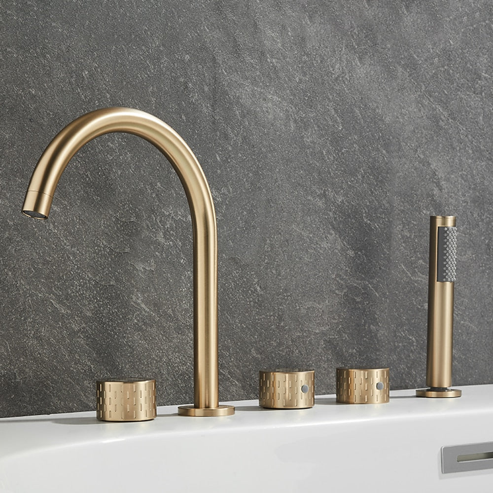 Contemporary 3-Handle Roman Tub Faucet, 5-Hole Brass Tub Filler with Handheld Shower