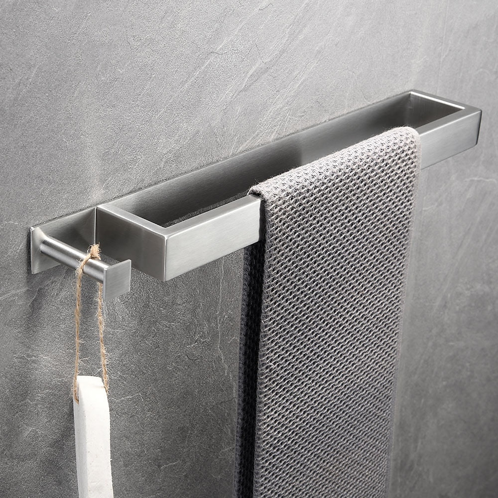 Modern Wall-Mounted Stainless Steel Towel Bar, Self-Adhesive Towel Rack with Integrated Hook, Matte Black / Chrome / Brushed Nickel / Brushed Gold