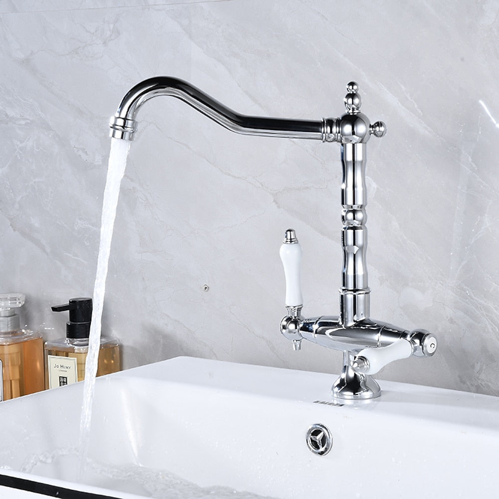 Antique Single-Hole Bathroom Faucet, Dual Ceramic Handle Swivel Spout Faucet, Antique Brass / Brushed Nickel / Chrome / Matte Black / Polished Gold
