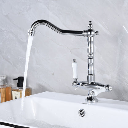 Antique Single-Hole Bathroom Faucet, Dual Ceramic Handle Swivel Spout Faucet, Antique Brass / Brushed Nickel / Chrome / Matte Black / Polished Gold