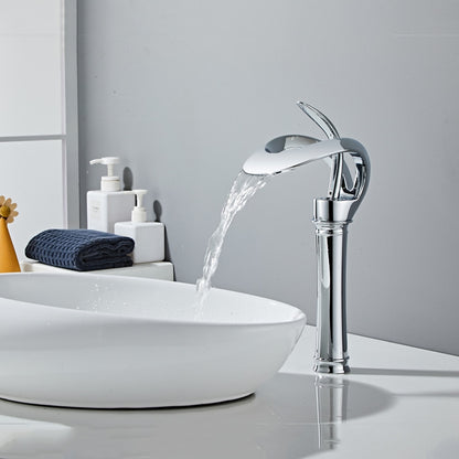 Waterfall Modern Bathroom Faucet, Single-Handle Single-Hole Brass Faucet, Matte Black / Chrome / Polished Gold / Gunmetal / Matte White