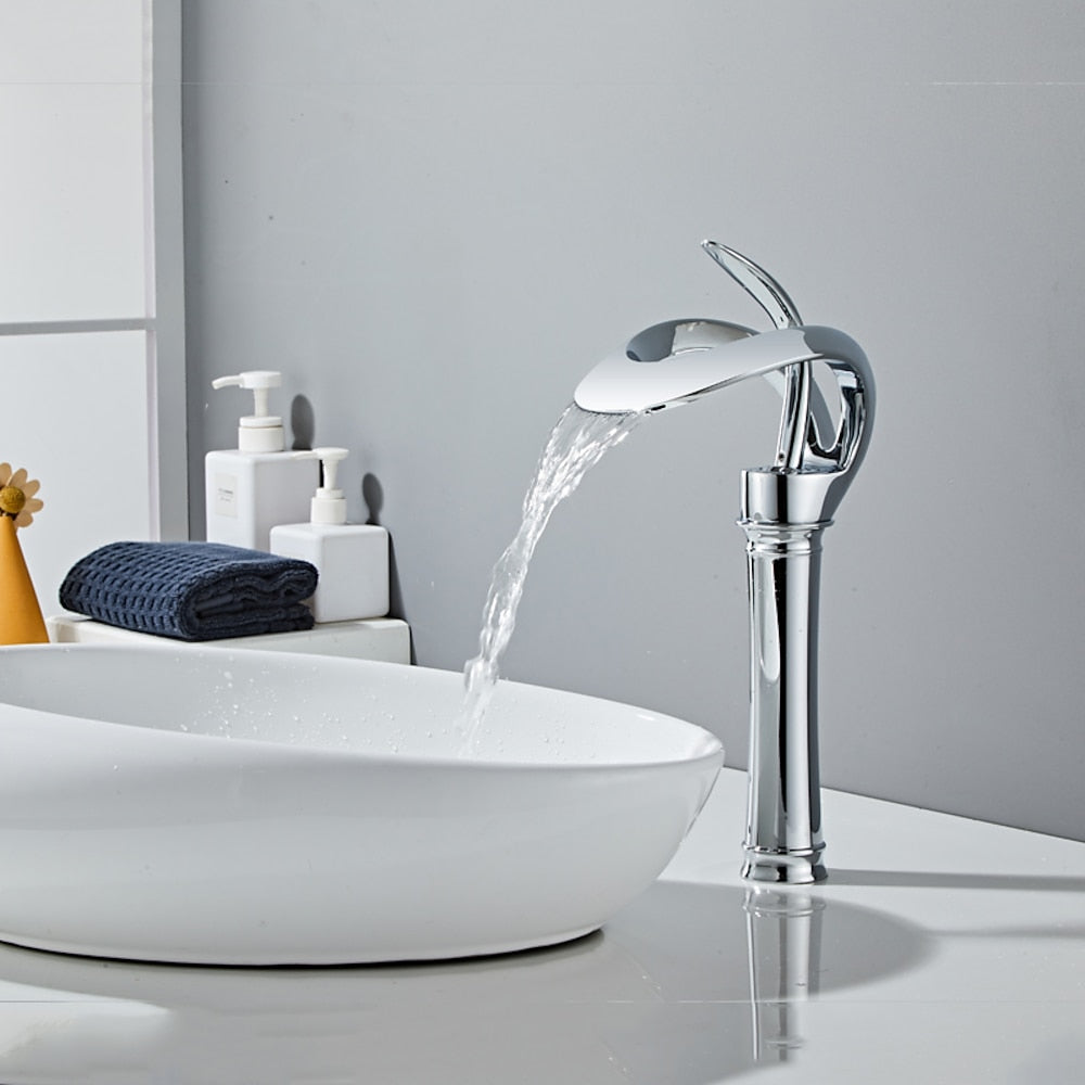 Modern Single-Hole Waterfall Vessel Faucet, Single-Handle Tall Body Bathroom Faucet, Matte Black / Chrome / Brushed Gold / Gunmetal / Matte White