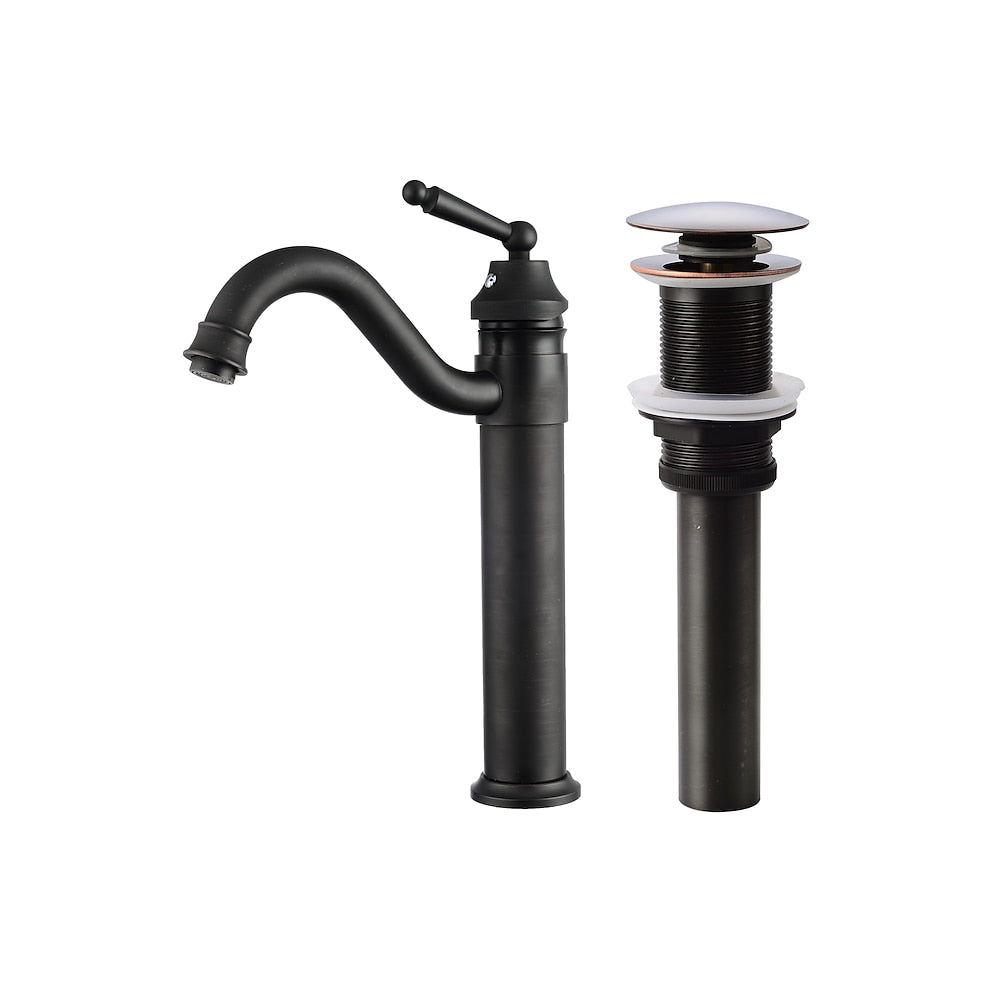 Oil-Rubbed Bronze Traditional Single-Hole Vessel Sink Faucet, High-Arc Swivel Spout Bathroom Faucet with Pop-Up Drain