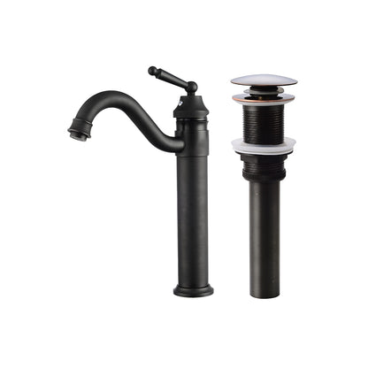 Oil-Rubbed Bronze Traditional Single-Hole Vessel Sink Faucet, High-Arc Swivel Spout Bathroom Faucet with Pop-Up Drain