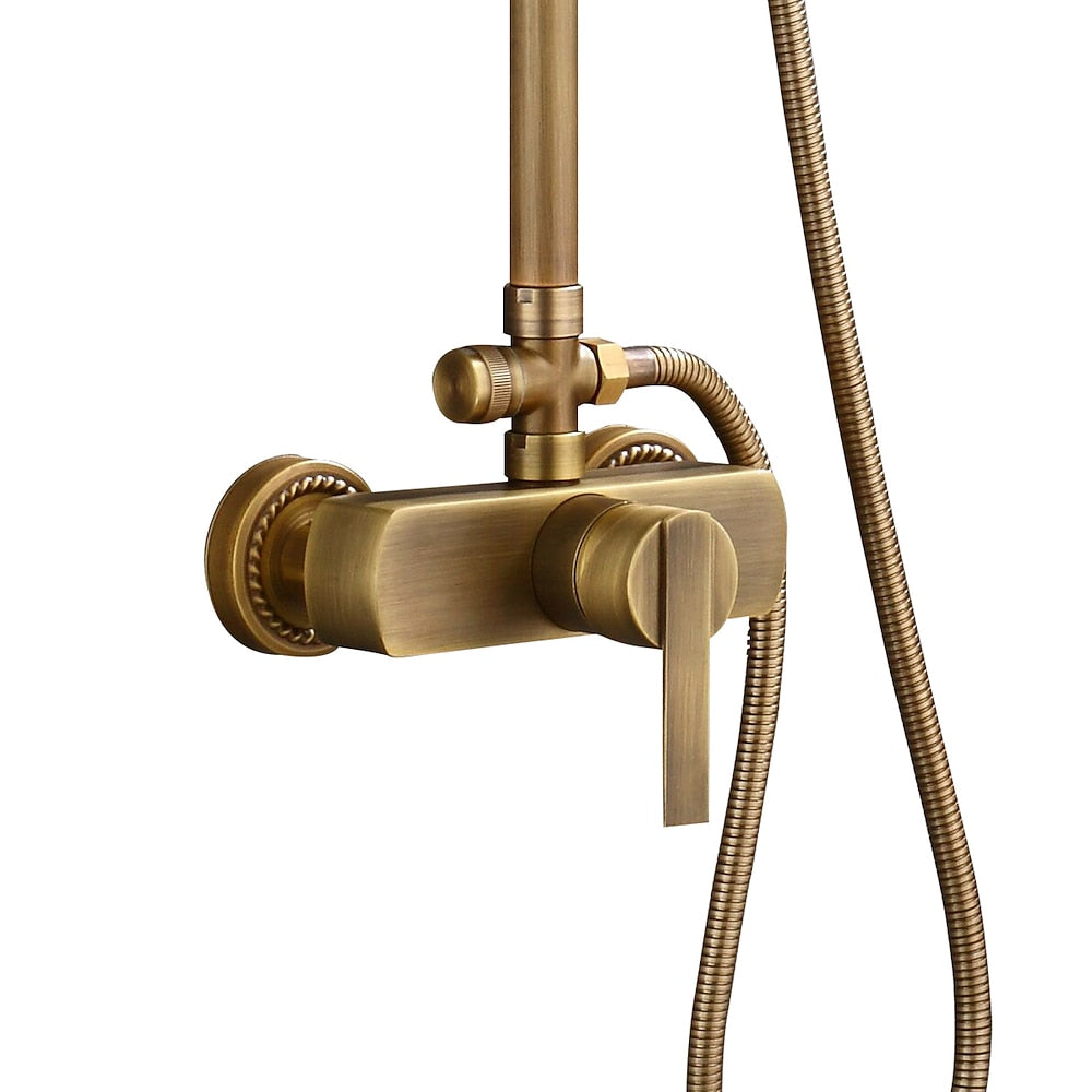 Antique Brass Wall-Mount Rainfall Shower System, Single-Handle Shower Faucet Set with Handheld Shower