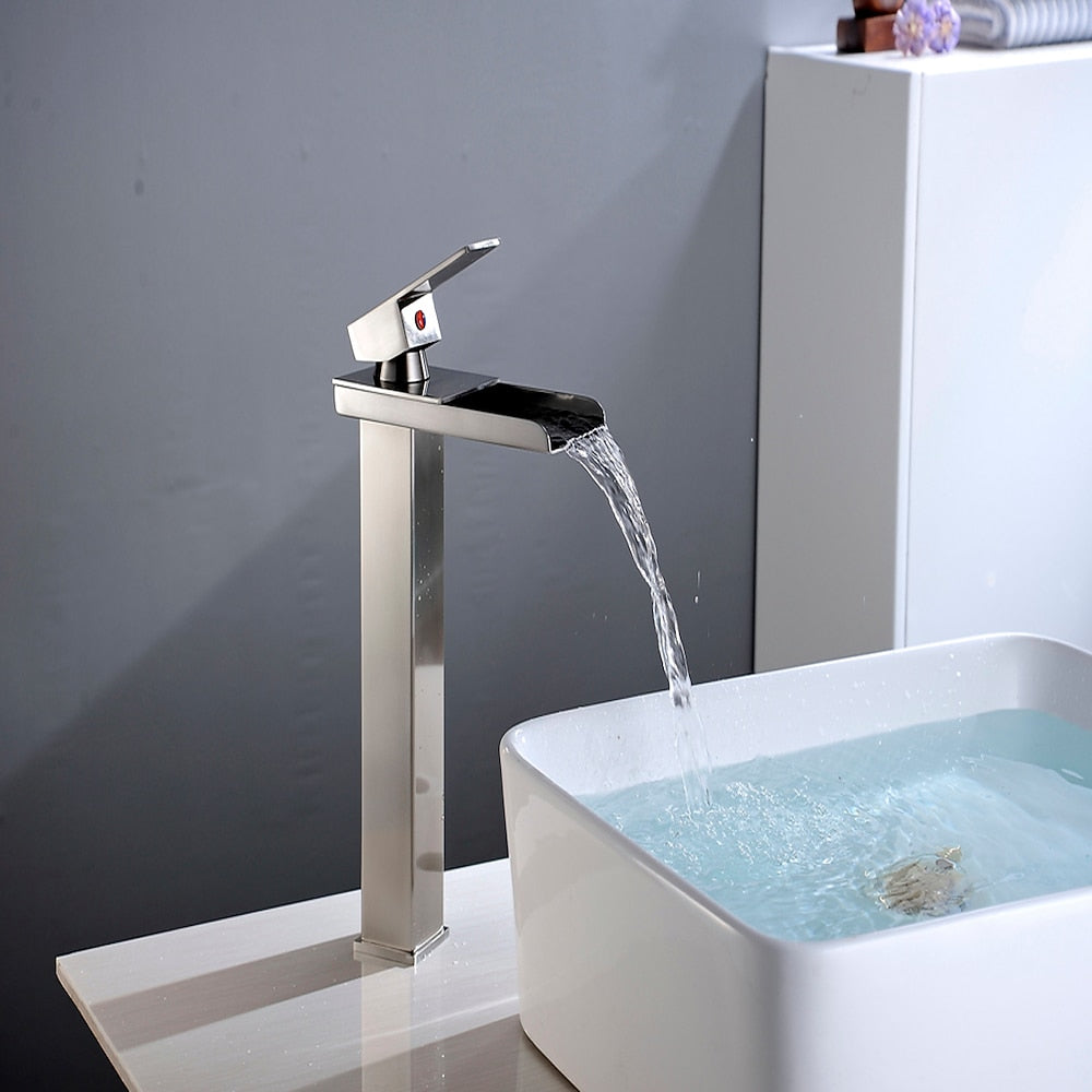 Brushed Nickel Modern Waterfall Vessel Bathroom Faucet, Single-Handle Tall Basin Faucet
