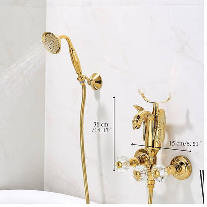 Polished Gold Swan Wall-Mount Bathtub Faucet, Vintage Dual-Handle Brass Tub Mixer with Handheld Shower