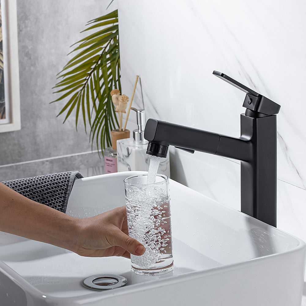 Pull-Out Single-Hole Brass Bathroom Faucet, Upward Fountain Spout Faucet, Chrome / Matte Black / Brushed Gold / Gunmetal