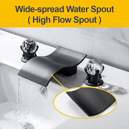 Waterfall Brass Bathroom Faucet, 3-Hole Widespread Faucet with Crystal Knob Handles, Matte Black / Chrome