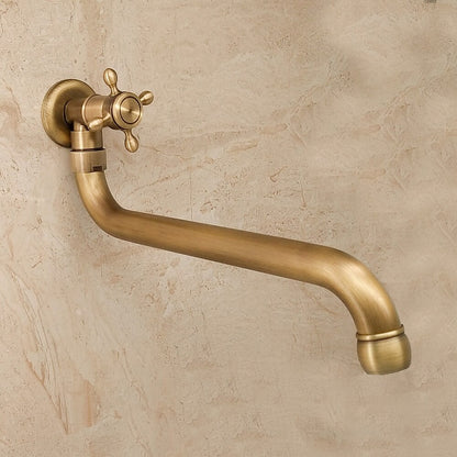 Antique Brass Vintage Wall-Mount Faucet, Single-Cold Single-Handle Faucet with Rotatable High-Arc Spout