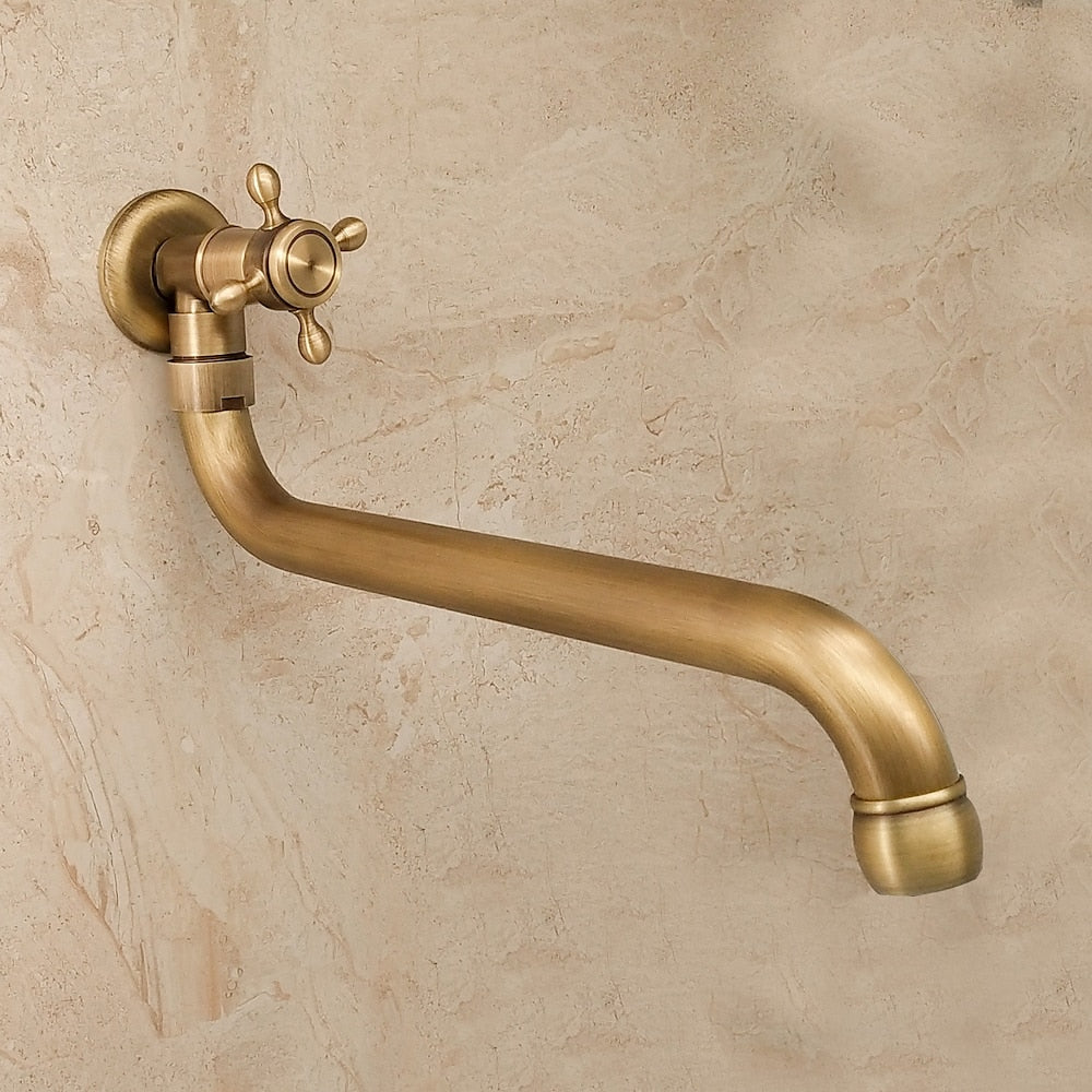 Antique Brass Wall-Mount Bathroom Faucet, Single-Cold Swivel Spout Faucet for Mop Pool