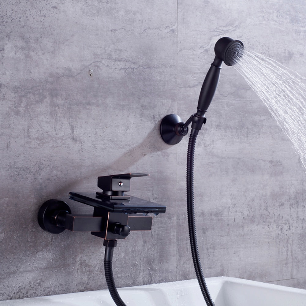 Waterfall Modern Wall-Mount Bathtub Faucet, Single-Handle Tub Filler Faucet with Handheld Shower, Oil-Rubbed Bronze / Chrome