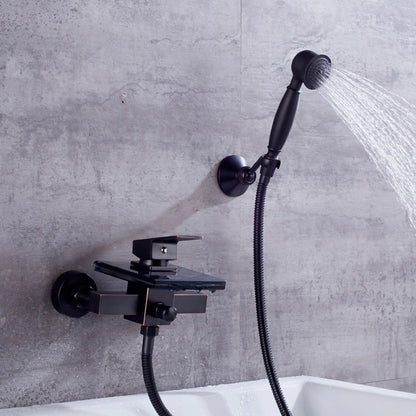Waterfall Modern Wall-Mount Bathtub Faucet, Single-Handle Tub Filler Faucet with Handheld Shower, Oil-Rubbed Bronze / Chrome