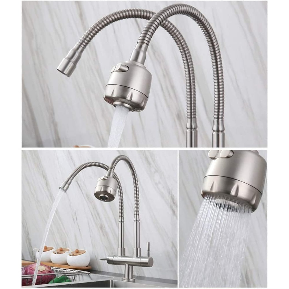 Stainless Steel Dual Spout Kitchen Faucet, Double-Handle Single-Hole Faucet