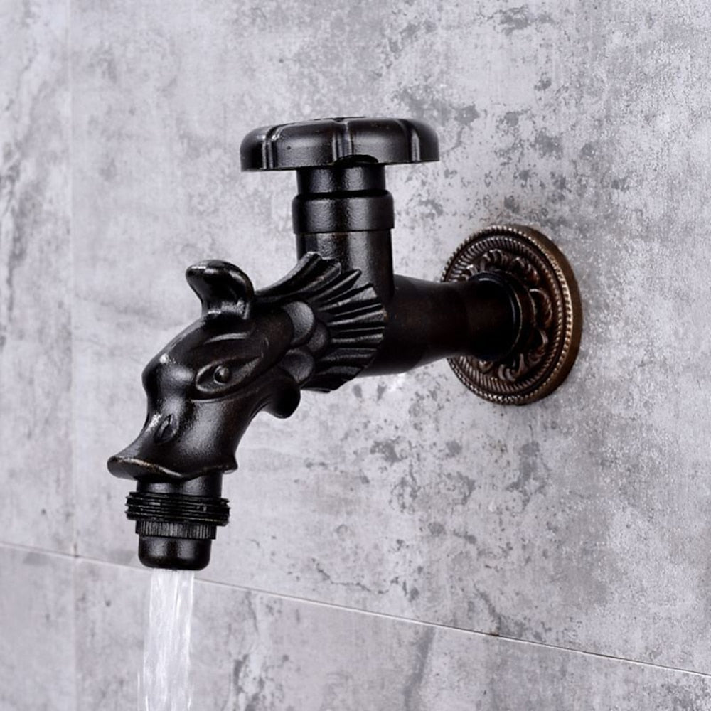 Retro Dragon Design Wall-Mount Outdoor Faucet, Single-Handle Brass Faucet, Antique Brass / Matte Black / Brushed Gold