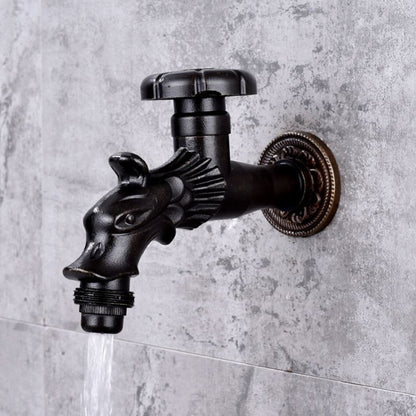 Vintage Dragon Wall-Mount Garden Faucet, Single Wheel Handle Outdoor Faucet, Antique Brass / Matte Black / Brushed Gold