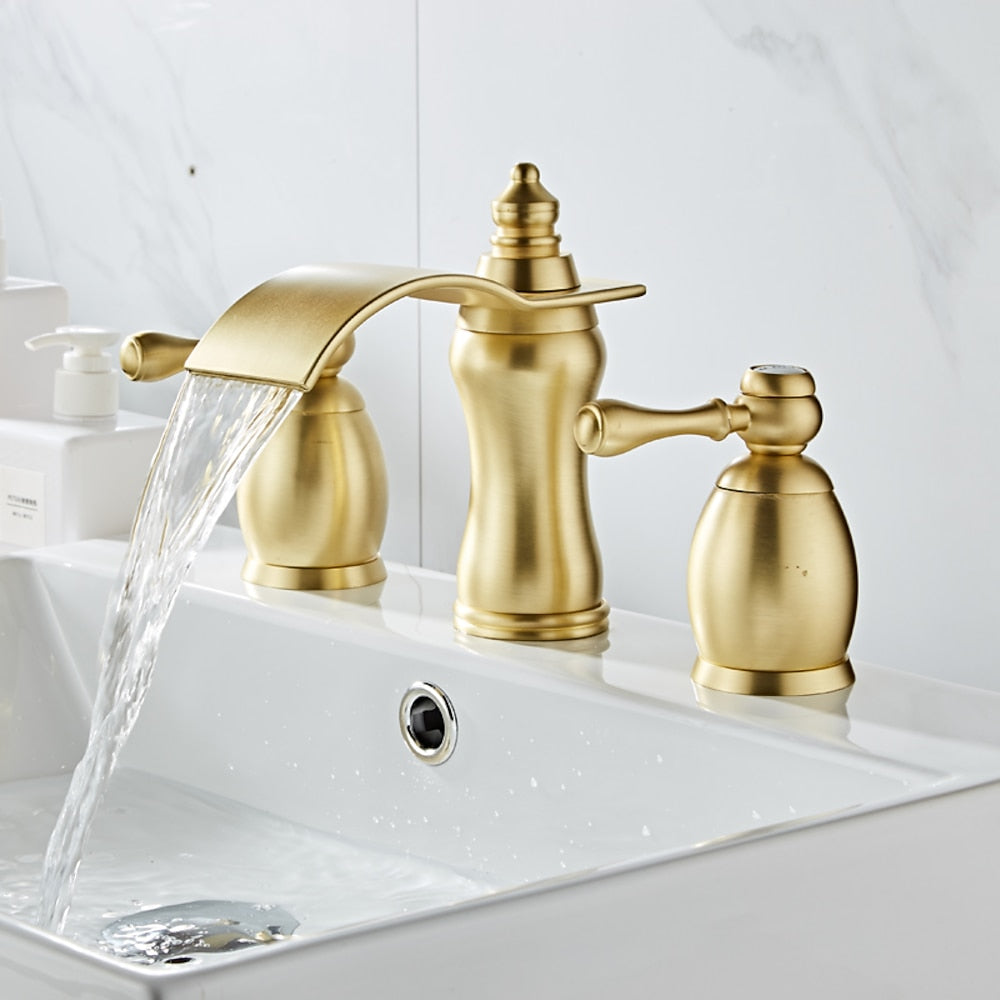 Waterfall 3-Hole Widespread Bathroom Faucet, Traditional Dual-Handle Sink Faucet, Matte Black / Rose Gold / Brushed Gold / Brushed Nickel / Chrome