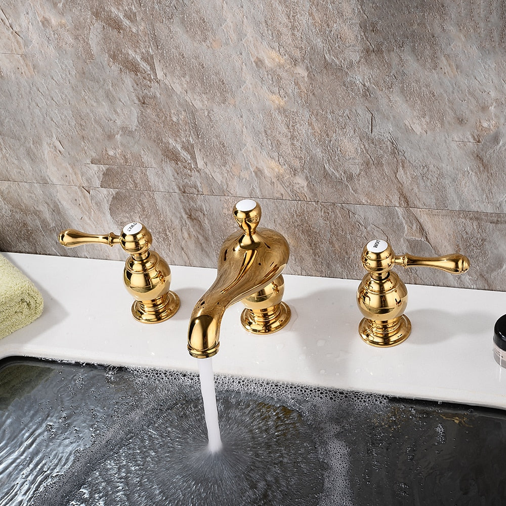 Polished Gold Vintage Widespread Bathroom Faucet, Dual-Handle Brass Sink Faucet