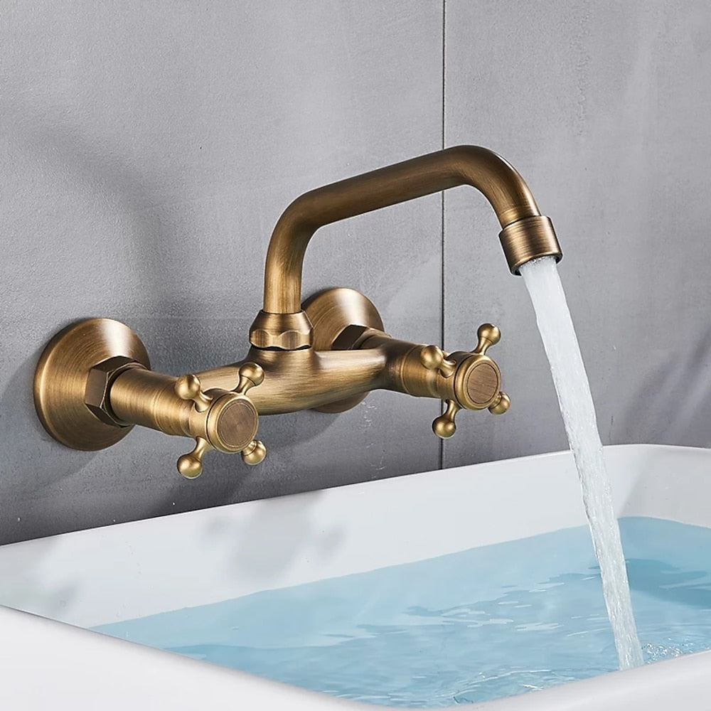 Wall-Mount Vintage Oil-Rubbed Bronze Brass Bathroom Sink Faucet, Double-Handle Swivel High Arc Spout Faucet