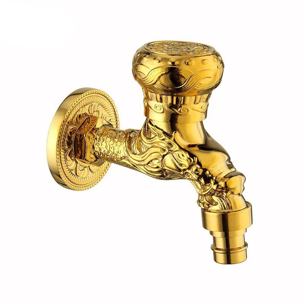Vintage Carved Single-Cold Faucet, Wall-Mount Brass Washing Machine Faucet, Antique Brass / Polished Gold