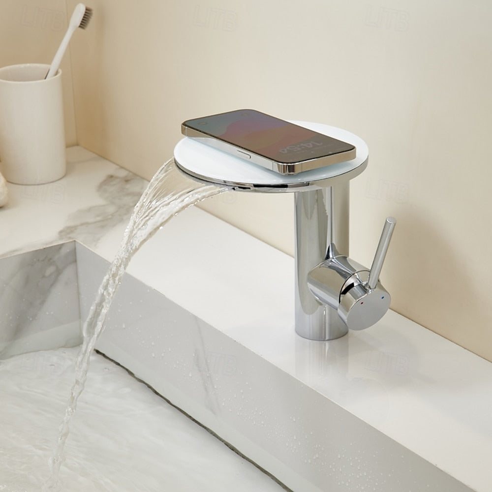 Modern Single-Hole Waterfall Bathroom Faucet, Swivel Stainless Steel Single-Handle Faucet, Chrome / Brushed Gold / Matte White / Gunmetal / Painted / Powder Coated