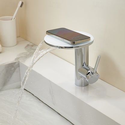 Modern Single-Hole Waterfall Bathroom Faucet, Swivel Stainless Steel Single-Handle Faucet, Chrome / Brushed Gold / Matte White / Gunmetal / Painted / Powder Coated