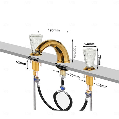 Polished Gold Modern Bathroom Faucet, Dual Crystal Knob Widespread Faucet
