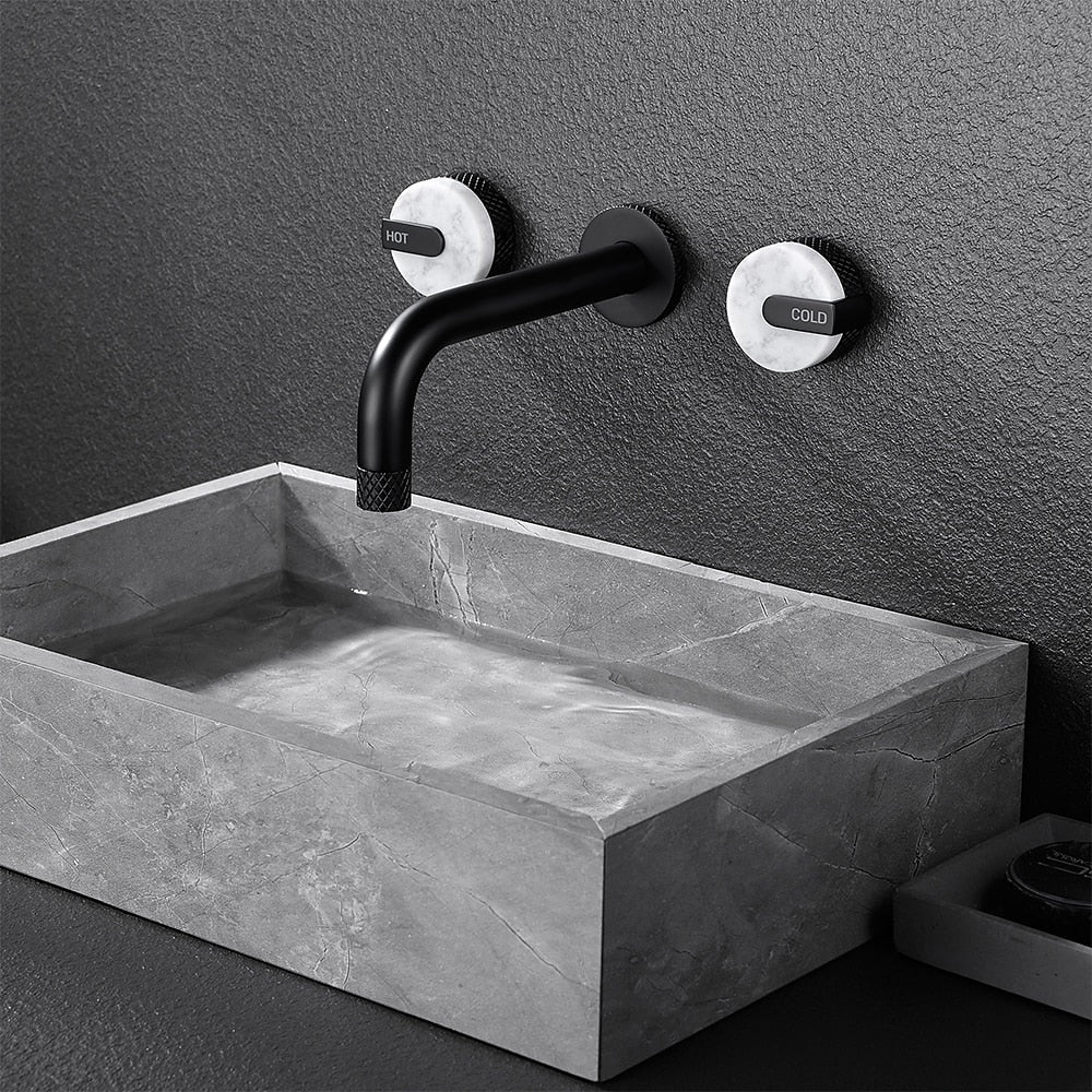 Matte Black Wall-Mount Bathroom Faucet, Rotatable Spout Dual-Handle Faucet with Marble Handles