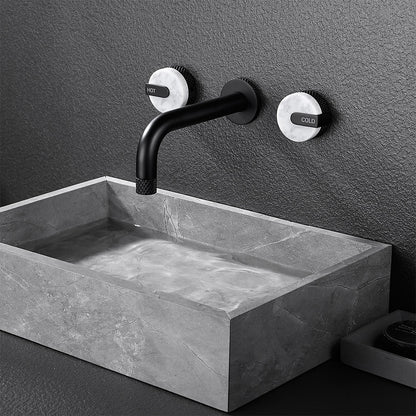 Matte Black Wall-Mount Bathroom Faucet, Rotatable Spout Dual-Handle Faucet with Marble Handles