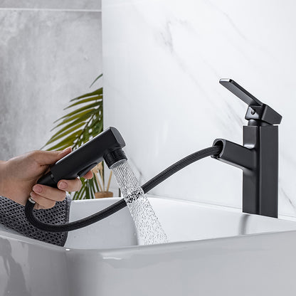 Pull-Out Single-Hole Brass Bathroom Faucet, Upward Fountain Spout Faucet, Chrome / Matte Black / Brushed Gold / Gunmetal