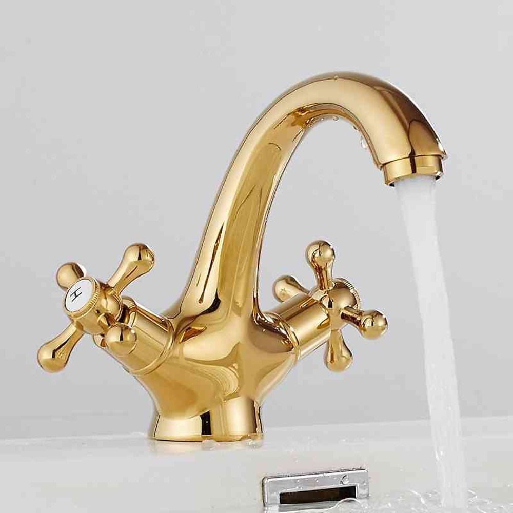 Vintage Single-Hole Bathroom Faucet, Dual Cross Handle Brass Faucet