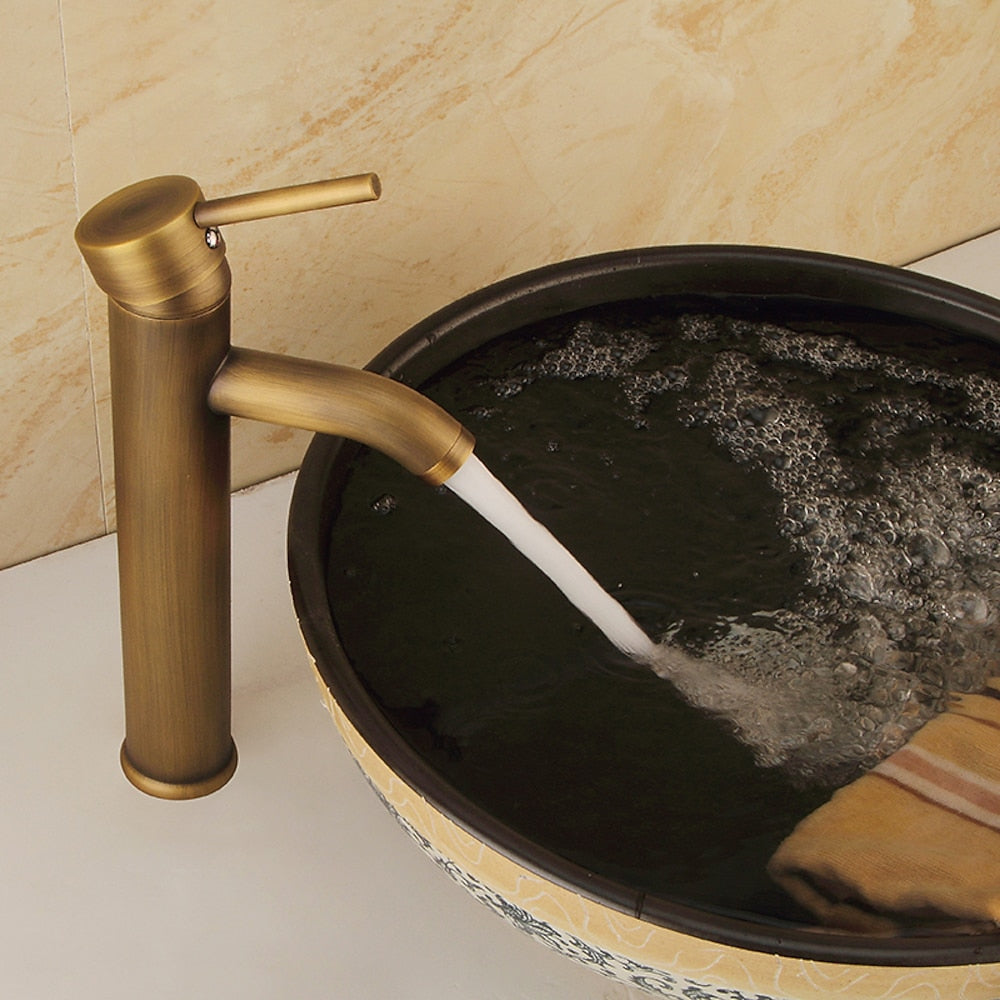 Tall Vessel Sink Faucet, Single-Handle Brass Faucet, Antique Brass / Matte Black