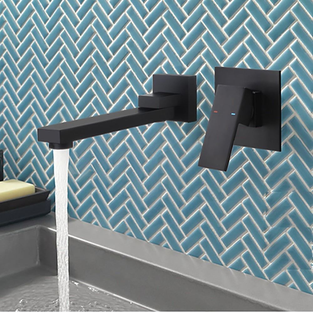 Matte Black Wall-Mount Swivel Spout Bathroom Faucet, Single-Handle 2-Hole Sink Faucet
