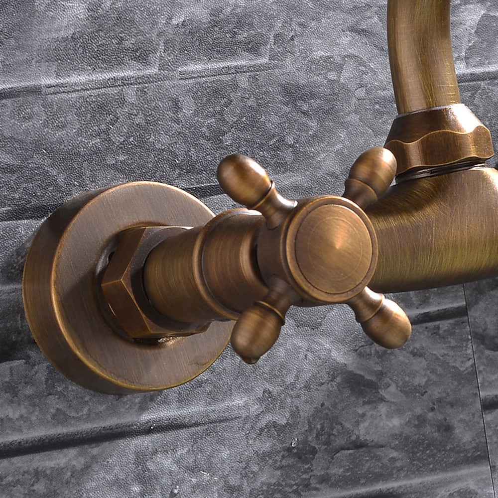 Retro Wall-Mount Antique Brass Bathroom Faucet, Double Cross Handle Swivel Spout Brass Utility Faucet