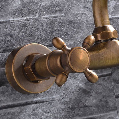 Retro Wall-Mount Antique Brass Bathroom Faucet, Double Cross Handle Swivel Spout Brass Utility Faucet