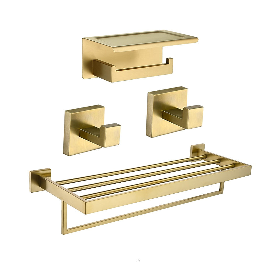 Brushed Gold Stainless Steel Bathroom Hardware Set, Modern Wall-Mount Bathroom Accessory Set with Towel Rack / Toilet Paper Holder / Robe Hooks