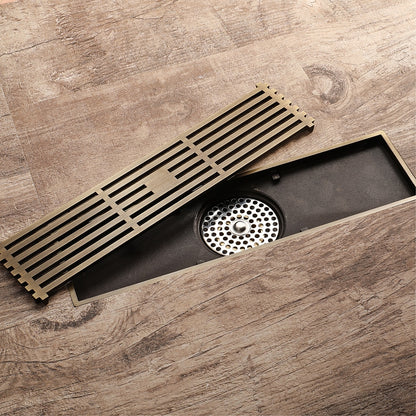 Brushed Bronze Brass Linear Shower Drain, Deodorizing Rectangular Floor Drain with Hair Strainer