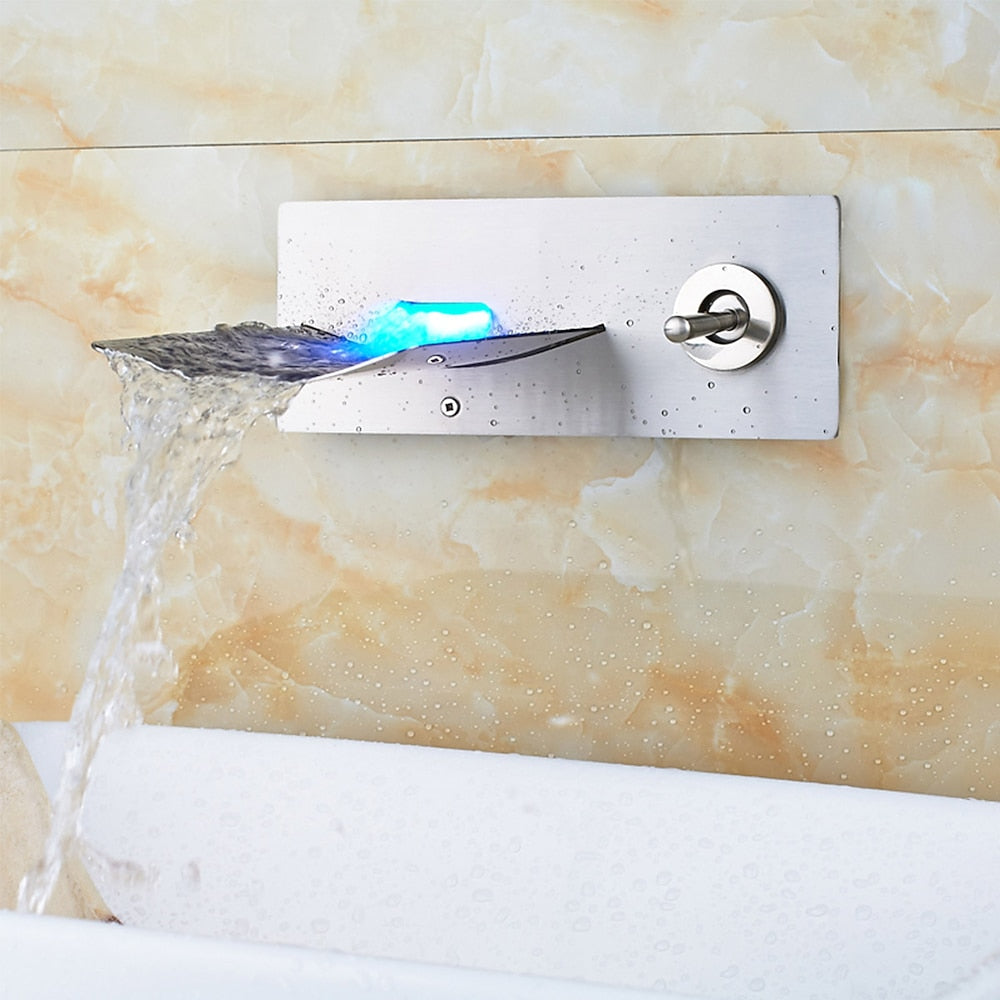LED Waterfall Brushed Nickel Bathroom Sink Faucet, Modern Wall-Mount Single-Handle Faucet