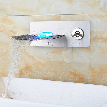 LED Waterfall Brushed Nickel Bathroom Sink Faucet, Modern Wall-Mount Single-Handle Faucet