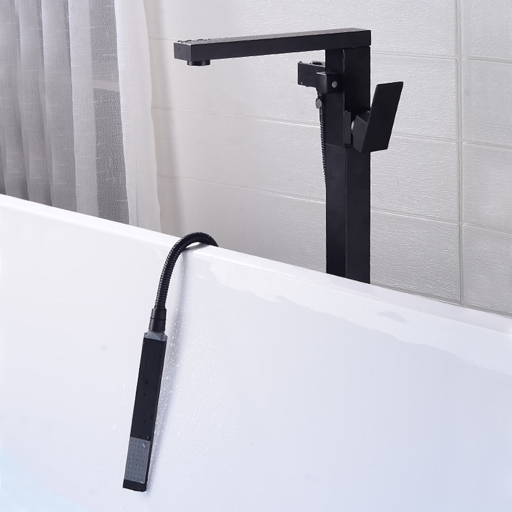 360-Degree Swivel Spout Freestanding Tub Filler Faucet, Single-Handle Floor-Mount Tub Faucet with Hand Shower, Chrome / Matte Black