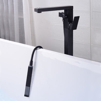 Modern Freestanding Floor-Mount Tub Filler Faucet, Single-Handle Brass Faucet with Handheld Shower, Matte Black / Chrome
