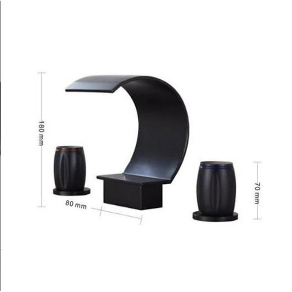 Waterfall Spout Bathroom Faucet, Modern Widespread Dual-Handle Faucet, Matte Black / Polished Gold