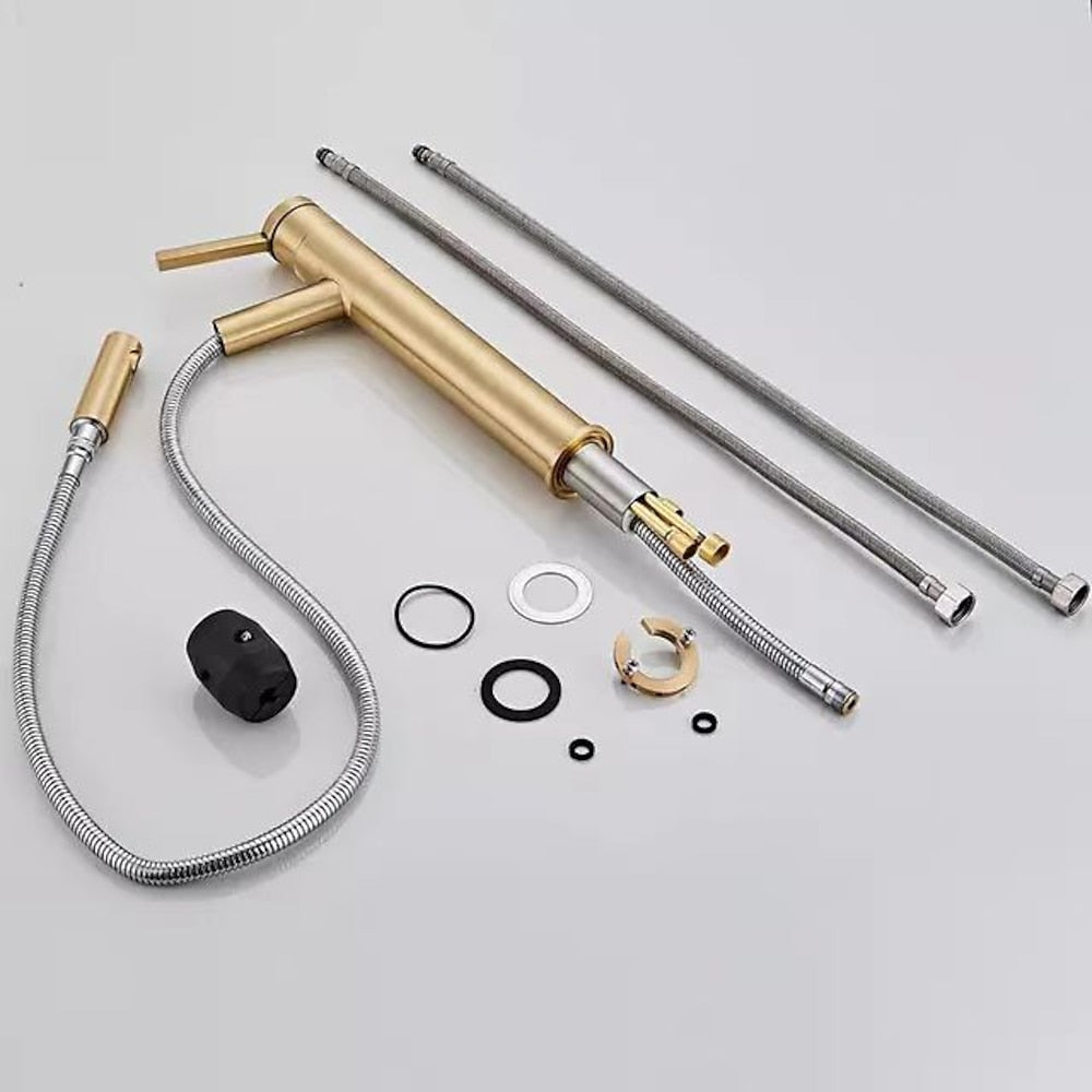 Brushed Gold Single-Hole Bathroom Faucet, Single-Handle Pull-Out Spout Faucet