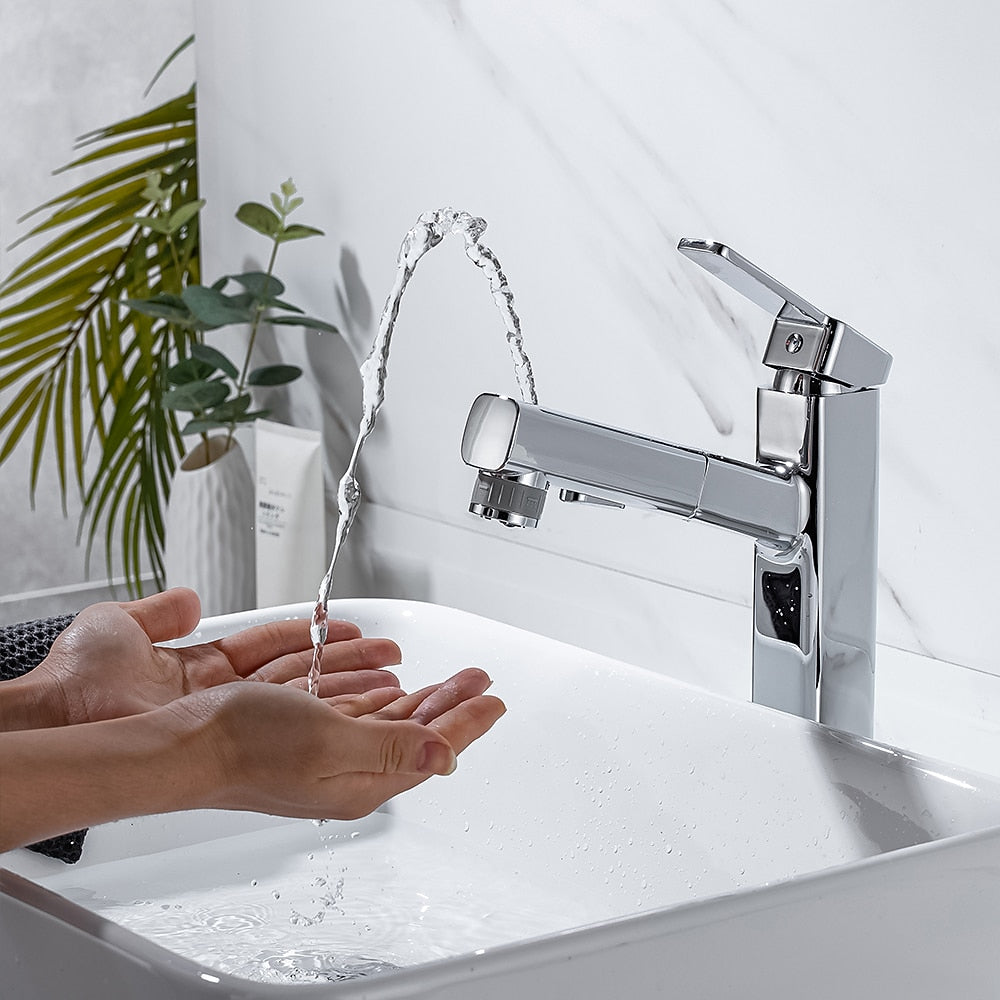 Pull-Out Single-Hole Brass Bathroom Faucet, Upward Fountain Spout Faucet, Chrome / Matte Black / Brushed Gold / Gunmetal