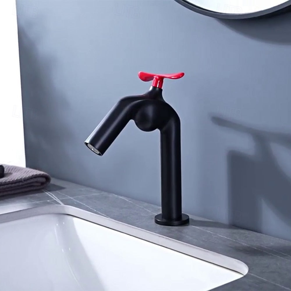 Modern Single-Hole Bathroom Faucet with Propeller Handle, Black / White / Burgundy / Orange Red