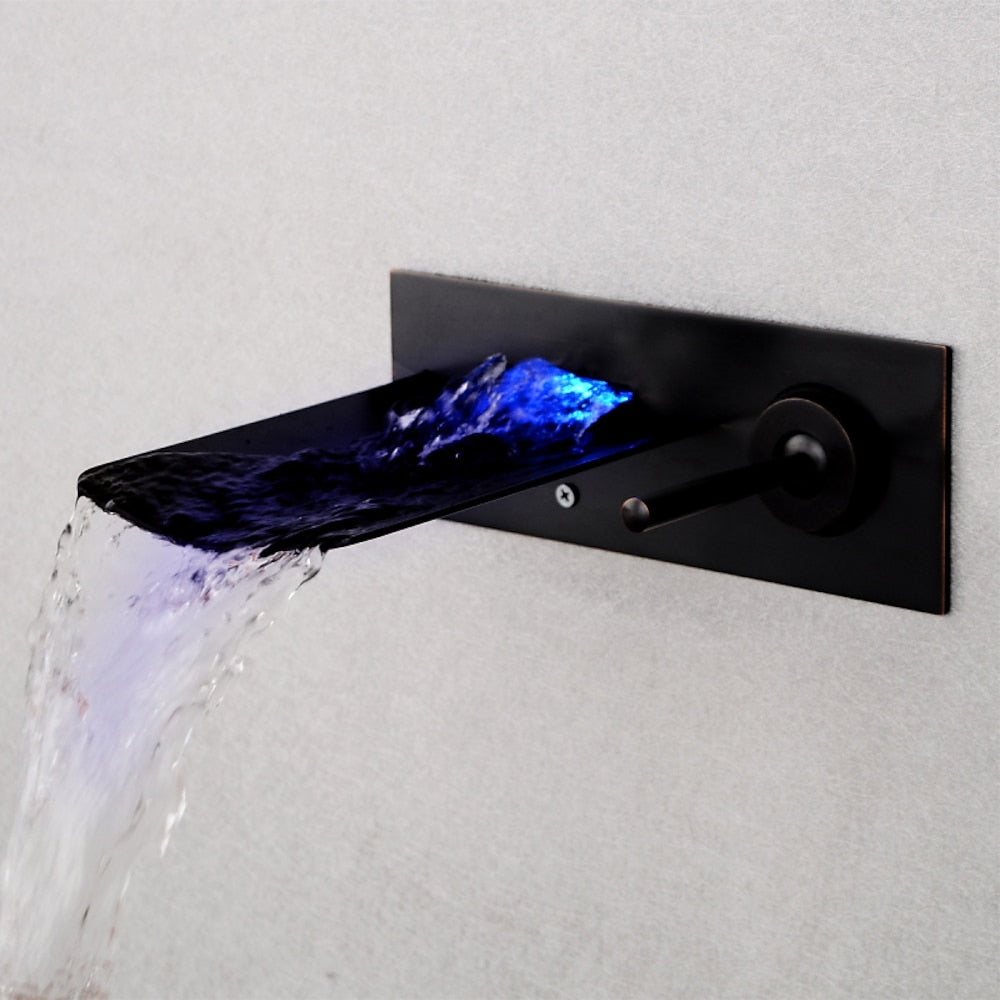 LED Waterfall Bathroom Faucet, Wall-Mount Single-Handle Brass Faucet, Brushed Gold / Matte Black / Oil-Rubbed Bronze