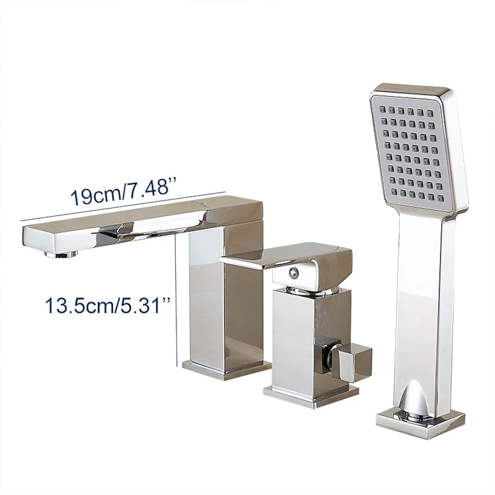 Chrome Modern Waterfall Roman Tub Faucet, Single-Handle 3-Hole Deck-Mount Faucet with Handheld Shower