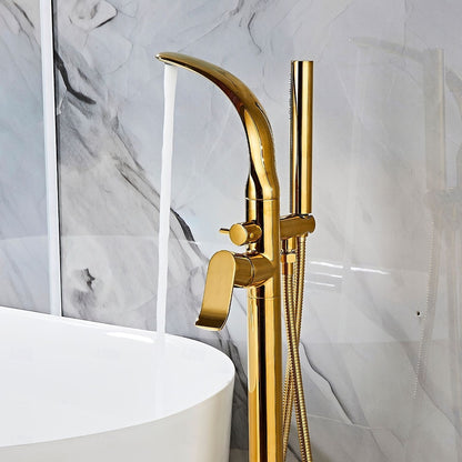 Brushed Gold Freestanding Tub Filler Faucet, Floor-Mounted Bathtub Faucet with Handheld Shower