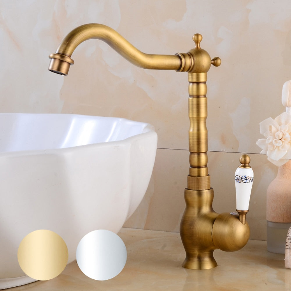 Retro High Arc Vessel Faucet, Single-Handle Brass Swivel Spout Faucet, Antique Brass / Chrome / Polished Gold