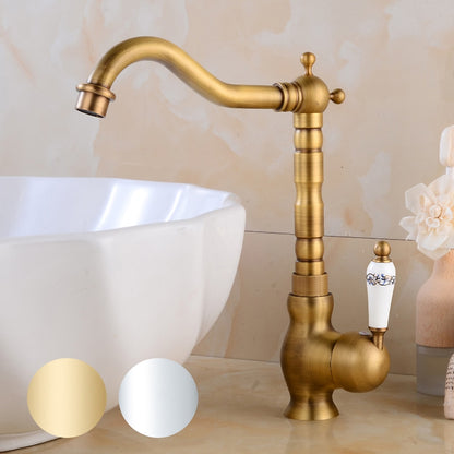 Retro High Arc Vessel Faucet, Single-Handle Brass Swivel Spout Faucet, Antique Brass / Chrome / Polished Gold